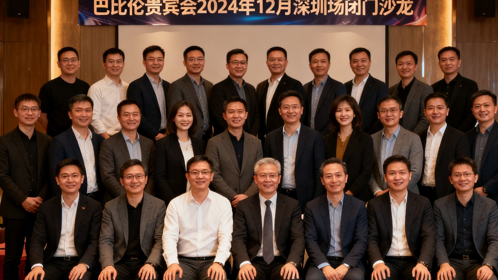 巴比伦贵宾会2024年12月深圳场闭门沙龙嘉宾合影，约20位企业家在会场微笑合影留念
